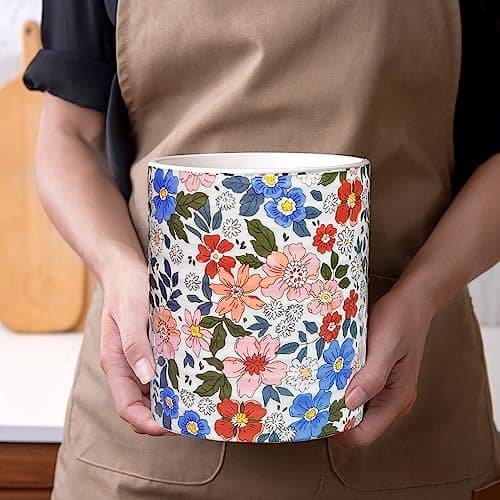 LEAZUL Kitchen Utensil Holder,7.2″Extra Large Stable Vintage Floral Pattern Ceramic Utensil Crock,Flower Utensil Organizer for Countertop,Kitchen Decor,Utensil Holder for Housewarming Gift Pink 5