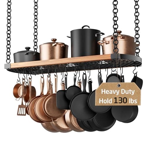 KES 48 Inch Large Hanging Pot Rack Ceiling Mount with 130lb High-Capacity, Ceiling Pot and Pan Hanging Rack with 20 Hooks, Heavy Duty Pot Hangers for Kitchen, Matte Black, KUR530S122-BK