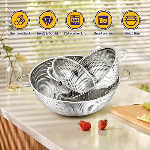 E-far Stainless Steel Colander Set of 3 (1-3-5Quart), Micro-Perforated Metal Colander Strainer with Handle for Kitchen/Draining Pasta/Rinsing Vegetables Fruits, Heavy Duty & Dishwasher Safe 5
