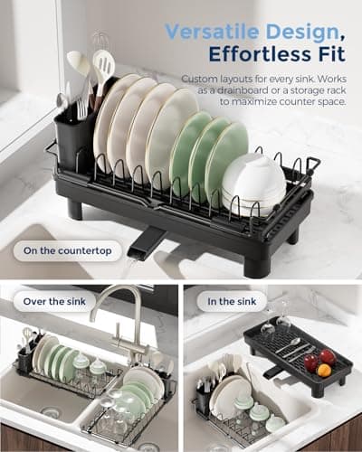 Nacial 2-in-1 Small Dish Drying Rack Fits 14''–21.8'' Sink, Dish Drainers for Kitchen Counter Extend Kitchen Sink Drain Basket with Utensil Holder & Auto-Drain Tray, Stainless Steel Plate Rack, Black 4