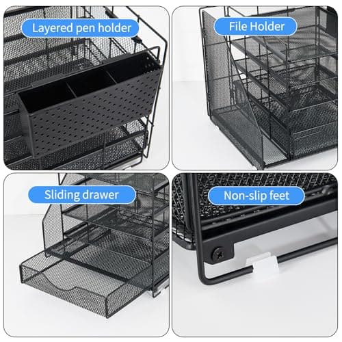 OUTIOE Desk Organizer with Drawer and Pen Holder, 5-Tier Paper Letter Tray Organizer with File Holder, Suitable for Workspace Organizer Office Supplies Storage (Black) 6