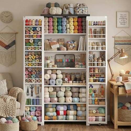 Furnivio Craft Cabinet with Storage - 71" Sewing Cabinet with LED Lights, Adjustable Shelves, Hobby Storage Cabinet for Craft Room, Food Pantry Cabinet for Kitchen, Dinning Room or Living Room