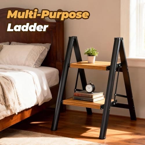 HBTower Step Ladder,Lightweight Aluminum Folding Step Stool with Anti-Slip Wide Pedal,330lbs Capacity Step Ladder for Household,Kitchen,Office - BlackWoodgrain 6