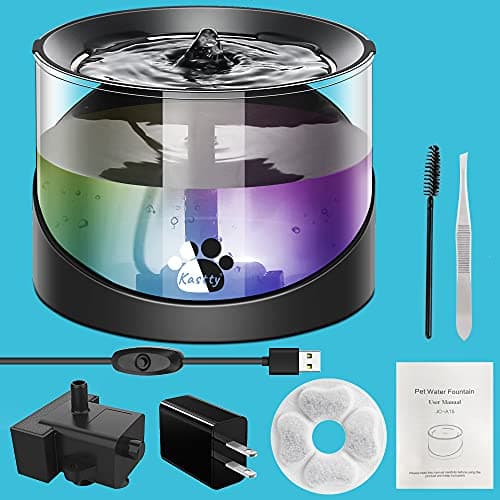 Kastty Cat Water Fountain, Pet Water Fountain for Cats Indoor, Cat Water Dispenser 2.2L/74oz, Super Quiet, Long Life Span Pump, Black+Colorful LED Light 7