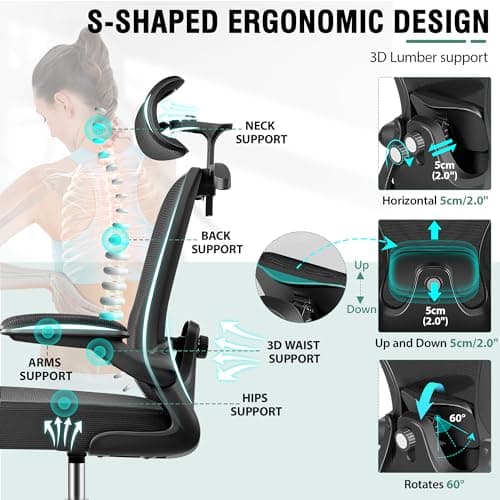 Drafting Chair, Tall Office Chair with 3D Lumbar & Head Support, Ergonomic Mesh Standing Desk Chair with Footring, Comfy Extended High Desk Chair with Flip-Up Arms & Hanger,Black 5