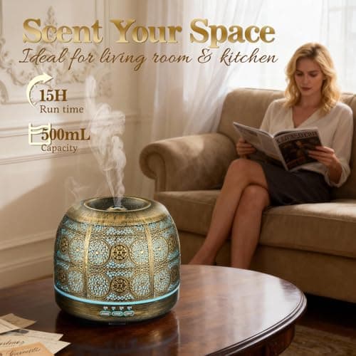 ARVIDSSON Essential Oil Diffuser, 500ml Aromatherapy Diffuser for Home, Ultrasonic Diffusers for Essential Oils, Metal Oil Diffuser with Mist Timer and Color Mood Light, Gift for Women and Men 7