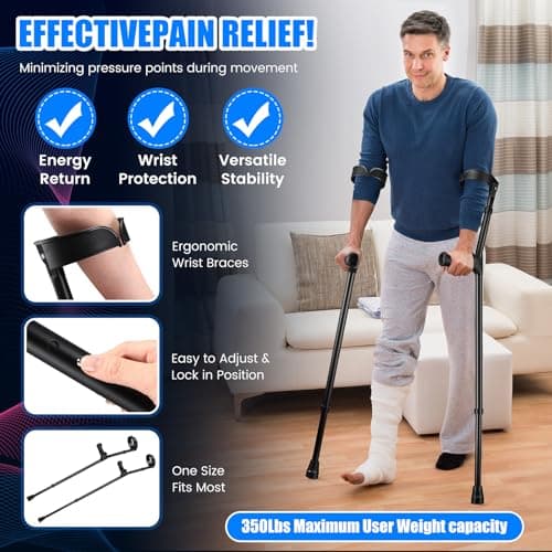 Geiserailie 2 Pcs Forearm Crutches for Adults Adjustable Elbow Crutches with Metal Spine Articulating Arm Cuff TPR Hand Grip and Wider Rubber Tip Lightweight Support Arm Crutches for Leg Injury 5