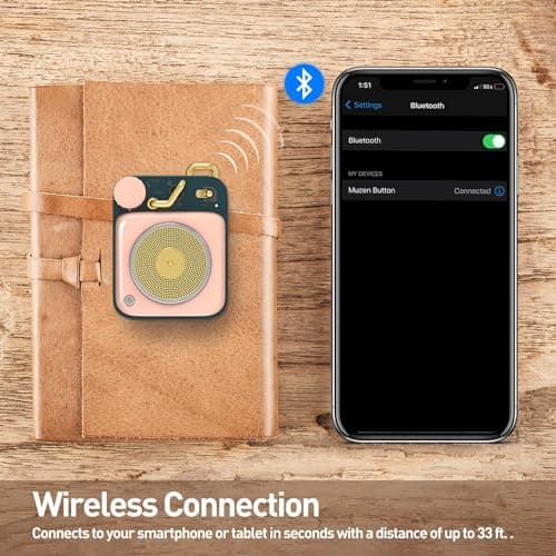 Muzen Mini Bluetooth Speaker, Button Small Cute Portable Metal Retro Wireless Speaker with Loud Volume Great Sound and Portable Lanyard & Gift Bag for Office Classic Vintage Decor 6