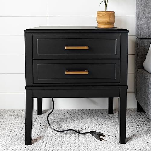 Vinform 2 - Drawer Side Table with Charging, Mid - Century - Modern, Gold Handles, 2 USB Ports and 2 outlets, Multifunctional Bedside nightstand, 24 inches Tall, Black