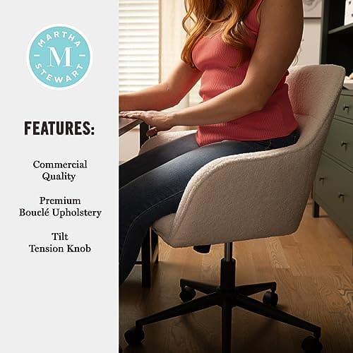 Martha Stewart Rayna Swivel Task Chair with Flared Arms for Home Office in White Boucle with Oil Rubbed Bronze Frame 8