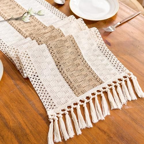 Vanzard Boho Table Runner for Easter Spring Home Decor with Tassels 72 Inches, Farmhouse Rustic Easter Cream & Brown Table Runners for Bohemian Kitchen Summer Dining Table(12x72in, Fringe Included)