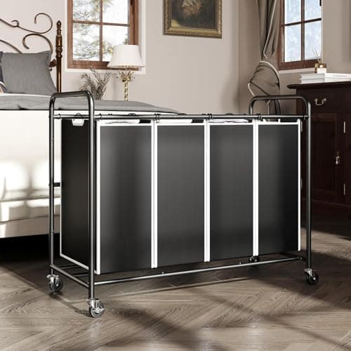 ROMOON Laundry Hamper Sorter Cart: 4-Section Organizer with Heavy-Duty Lockable Wheels and Removable Bags | 180L Rolling Laundry Basket for Dirty Clothes in Laundry Room or Small Spaces (Black) 2