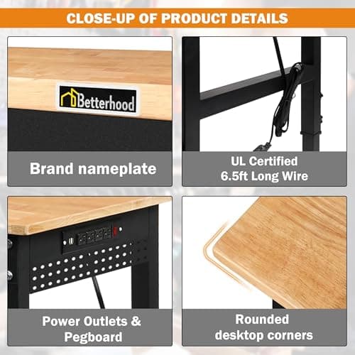 Betterhood 60" Adjustable Workbench on Wheels, Rubber Wood Heavy Duty Workstation with Power Outlets & Pegboard, 2000LBS Load Capacity Hardwood Worktable for Workshop, Garage, Office, Home, Commercial 7