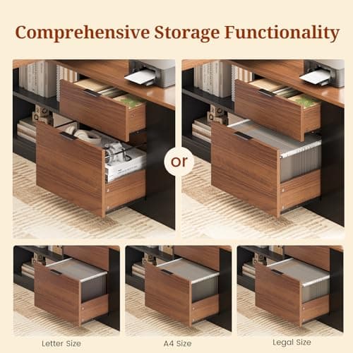 UPOSOJA L Shaped Standing Desk Adjustable Height, 53" Electric Office Desk with File Drawers & Storage Shelves, Sit Stand Corner Computer Desk with Power Outlets, Pegboard, 6 Hooks, Black & Walnut 7