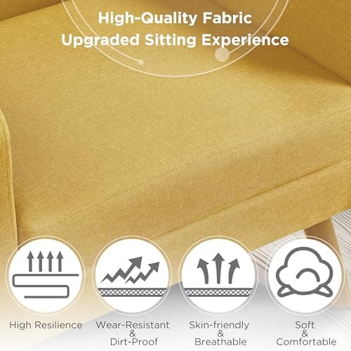 Yaheetech Mid-Century Accent Chairs, Modern Upholstered Living Room Chair, Cozy Armchair Button Tufted Back and Wood Legs for Bedroom/Office/Cafe, Yellow 9