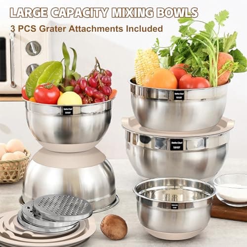 Umite Chef Mixing Bowls with Airtight Lids Set, 8PCS Stainless Steel Khaki Nesting Bowls with Grater Attachments, Kitchen Bowls with Non-Slip Bottoms, Size 5, 4, 3.5, 2, 1.5QT for Mixing & Serving 5