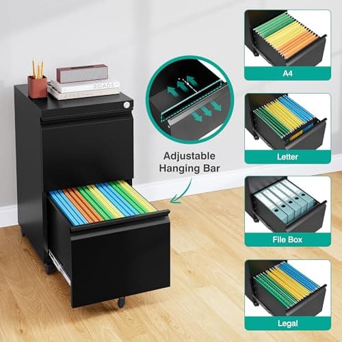 SISESOL 2 Drawer File Cabinet on Wheels,Metal Filing Cabinet with Lock,Black Rolling File Cabinets with Casters,Under Desk Office Cabinets for Home Office,Fit A4/Letter/Legal,Easy Assembly 5