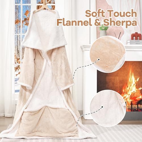 Wearable Electric Blanket with Foot Pocket and Sleeves, Heating Throw Blanket, 6 Heating Levels & Auto Shut Off, Machine Washable (Long, Beige) 6