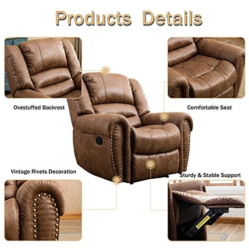 CANMOV Leather Recliner Chair, Classic and Traditional Manual Recliner Chair with Comfortable Arms and Back Single Sofa for Living Room, Nut Brown 7