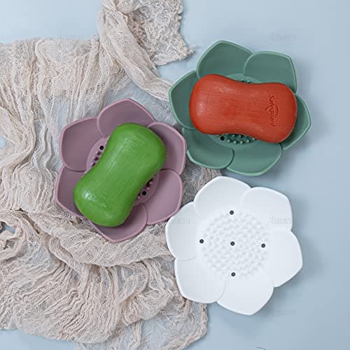 AUEAR, 4 Pack Lotus Flowers Soap Dish with Drain Silicone Holder Non-Slip Flexible Tray for Bathroom Shower 7