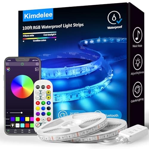 Kimdelee 100ft Waterproof Led Light Strips, 12v RGB Outdoor Strip Rope Lights, Color Changing with App Bluetooth Music Sync, Christmas Lights Decor