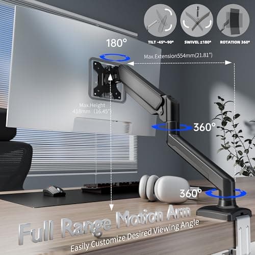 Single Monitor Arm Desk Mount，Gas Spring Monitors Arm for 17-32 inch Screens,Adjustable Computer Monitors Stand up to 4.4 to 19.8 lbs,Vesa Mount with Clamp and Grommet Base, VESA 75 & 100mm 6