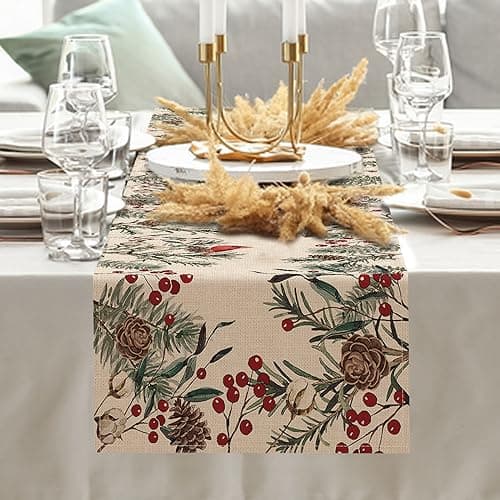 Seliem Winter Pine Needle Branches Table Runner, Pine Cone Cardinal Red Birds Berry Farmhouse Kitchen Dining Table Decor, Christmas Holiday Home Decoration Indoor Outdoor Party Supply 13 x 72 Inches 6
