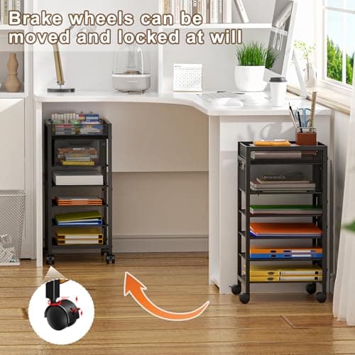 keomaisyto Under Desk Storage Slim File Cabinet, 6-Tier Rolling File Cart with Paper Letter Tray & Drawer, Standing Paper Organizer with Wheels, Narrow Desk Organization for Home Office Workspace 6