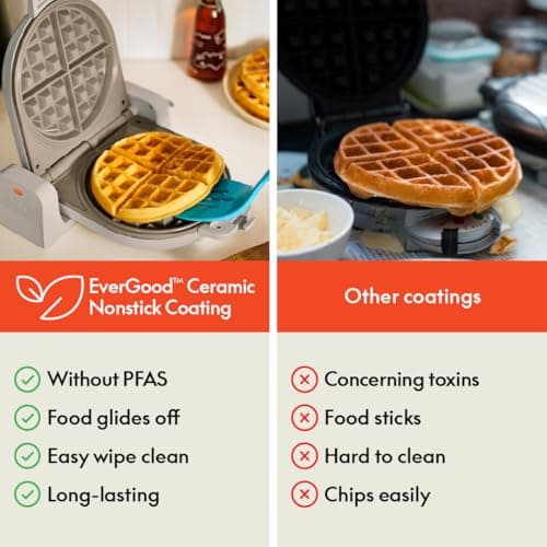 bella Flip-n-Store Waffle Maker with EverGood™ Ceramic Nonstick Coating, Fits-anywhere™ Kitchenware, Power Indicator Light, Cool Touch Handle & Cord Wrap, 7” Wide & 1" Deep Plates, 1000 Watt, Oatmilk 6