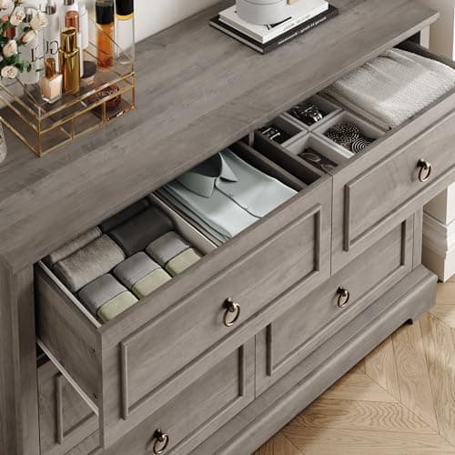 HOSTACK 6 Drawer Dresser for Bedroom, Modern Farmhouse Chest of Drawers, 47.2" Wide Wood Double Dresser, Rustic Brown Storage Cabinet for Living Room, Entryway, Hallway, Ash Grey 6