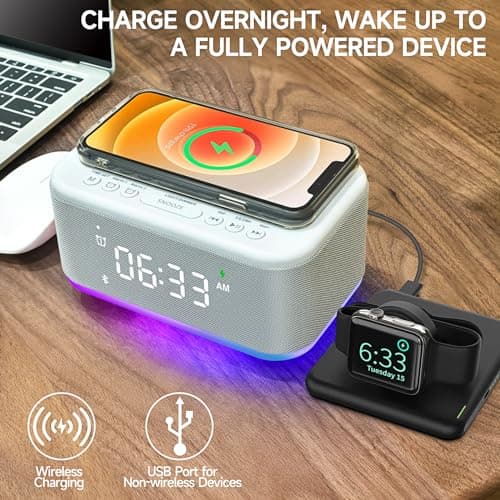 Alarm Clock Speaker Wireless Charger, Digital Alarm Clocks Bedrooms Bluetooth, Alarm Clock Dimmable Light Bedrooms Dual Alarm Snooze Dimmer 12 24H RGB Night Light Bluetooth USB AUX, Gray 5