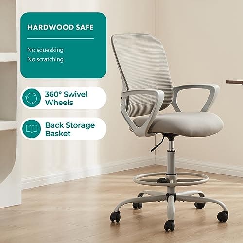 MCQ Drafting Chair with Fixed Armrests and Foot-Ring, Tall Office Chair for Standing Desk Adjustable Height Office Desk Chair for Home Office, Breathable Mesh Swivel Rolling Tall Chair Grey 7