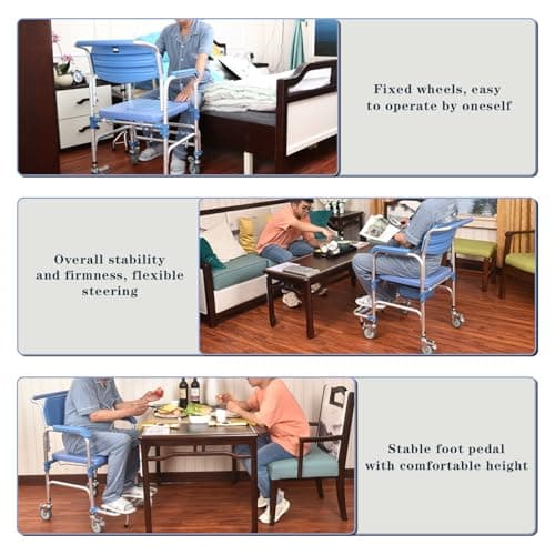 Shower Chair with Wheels Aluminum 4 in 1 Bedside Commode Chair with Foldable Pedal, Mobile Transport Chair Toilet with Detachable Bucket, for Seniors and Disabled, Weight Capacity 330lbs (Bule) 6