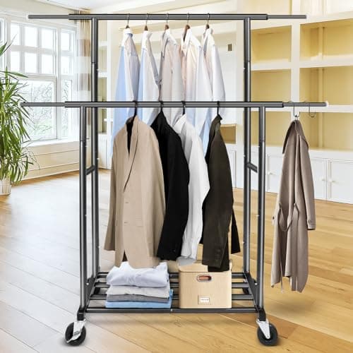 Fishat Stand Portable Black Double Rods Garment Rack with Rolling Clothes Organizer on Lockable Wheels Mobile, 48" W x 15" D x 67" H, Metal Simple Hanging Clothes with 2 Hook 6
