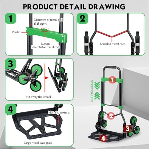Heavy-Duty 330LB Capacity Hand Truck with Stair-Climbing Wheels & One-Touch Retractable Handle - Q235 Steel Collapsible Dolly Cart, 4.2-Inch Triple Wheels, Elastic Strap & Sponge Grip (Green) 6
