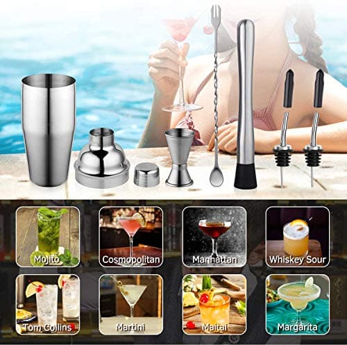 24 oz Cocktail Shaker Set Bartender Kit by Aozita, Stainless Steel Martini Shaker, Mixing Spoon, Muddler, Measuring Jigger, Liquor Pourers with Dust Caps and Manual of Recipes, Professional Bar Tools 4