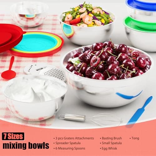 ENVTEK Mixing Bowls with Lids Set, 7 PCS Stainless Steel Mixing Bowls with 3 Grater Attachments, Size 4.5, 4, 3.5, 2.1, 1.5, 1.1, 0.7QT, Ideal for Kitchen Cooking Baking & Serving 8