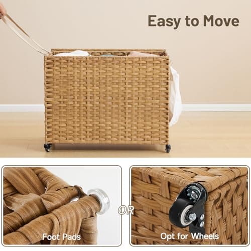 Laundry Hamper with Wheels, 52.8 Gallon(200L) Rolling Laundry Basket with Lid, 3-Section Rattan Clothes Hamper with 3 Removable Liner & 3 Mesh Bags, Laundry Sorter with Side Pocket, Natural 6