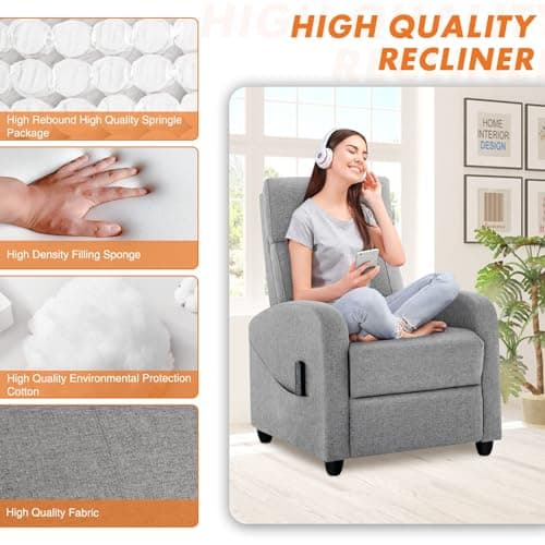 Recliner Chair for Adults, Massage Fabric Small Recliner Sofa Home Theater Seating with Lumbar Support, Adjustable Modern Reclining Chair with Padded Seat Backrest for Living Room (Light Grey) 5