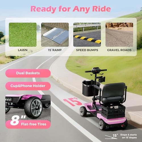 4-Wheel Mobility Scooter for Adults – Foldable Portable Motorized Scooters with 330lbs Capacity, Detachable Battery, Dual Baskets, Cup & Phone Holder, Pink 6