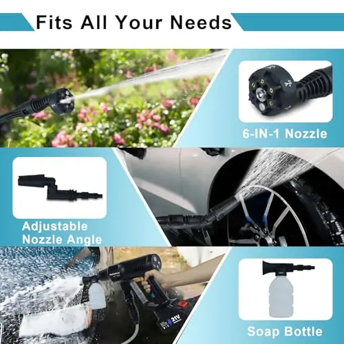 Huhomco Cordless Pressure Washer Battery Powered,1450PSI Cordless Power Washer with 2pcs 4.0Ah Battery&Charger & 6-in-1 Nozzle Portable for Patio Floor Fence Deck Indoor (Black) 7