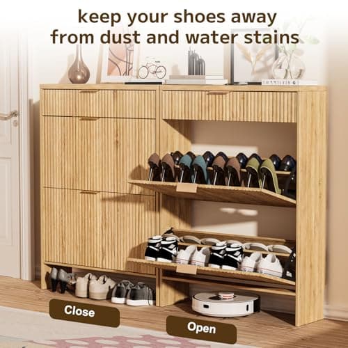 DAMCROP Modern Flip Shoe Cabinet with Drawer, Freestanding Entryway Shoe Storage for Small Spaces, Wave Panel Design, MDF Engineered Wood 7