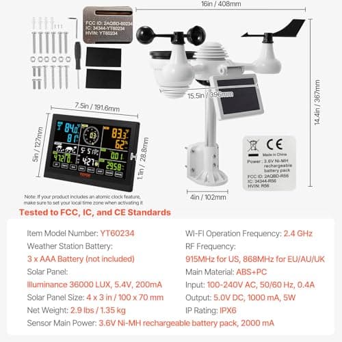 VEVOR YT60234 WiFi Weather Station 7-in-1, Weather Stations WiFi Indoor Outdoor, 7.5" Color Display for Weather Forecast, Temperature, Humidity, UV, Air Pressure, Wind Speed&Direction, Rain, Alarm 8
