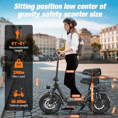 Electric Scooter Adults, 1300W/900W Peak Motor, Electric Scooter with Seat, 48V 13Ah/10.4Ah Battery, 14" Tires, 35/28 Miles Range, 20 MPH, 330 LBS Load, Dual Braking (10.4Ah-Black, 900W 10.4Ah) 7