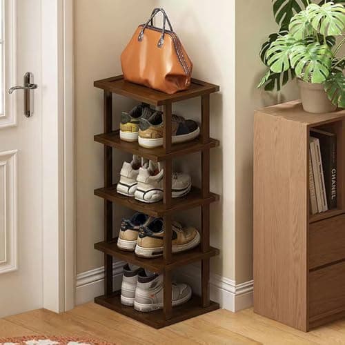Vertical Shoe Rack - Tall Narrow Shoe Rack Organizer for Small Spaces,5 Tier Bamboo Shoen Shelf for Entryway,Closet,Corner,Doorway,Skinny Shoe Shelf Space Saving Shoe Storage,Free Stackable DIY