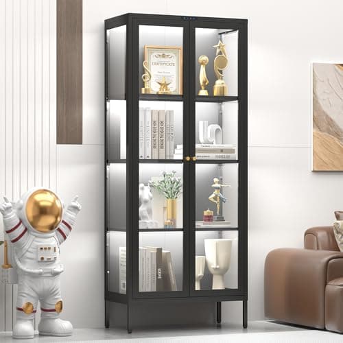 UNICOLY Display Cabinet with Glass Doors, Glass Display Cabinet with 8 Color LED Lights, Curio Display Cabinet with 3 Shelves for Living Room, Plant, Display Shelf, Assembly Required, Black 9