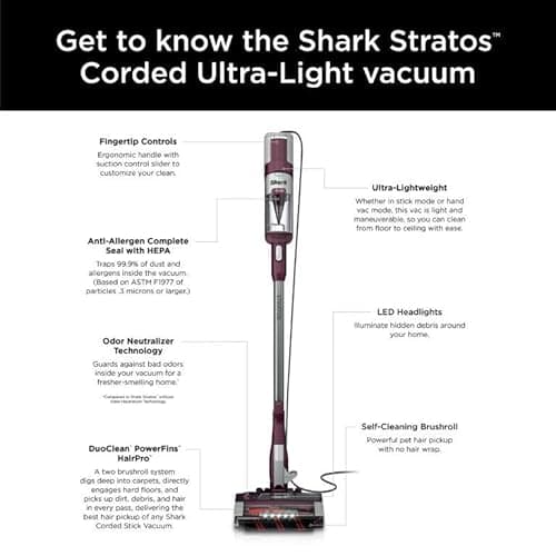 Shark HZ3000 Stratos Ultralight Corded Stick Vacuum with DuoClean PowerFins HairPro, Self-Cleaning Brushroll, & Odor Neutralizer Technology, Red Plum 9