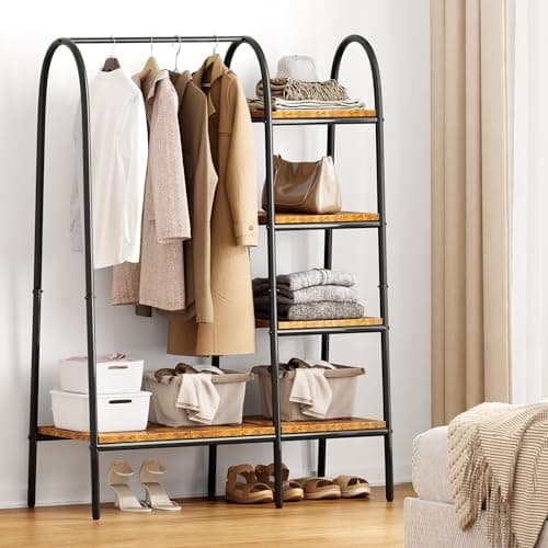 DlandHome Free-Standing Garment Clothing Racks, Home Metal Clothing Rack with 4-Tier Storage Shelves and Hanging Rod Closet Storage Organizer Clothing Rack for Bedroom Living Room Entryway,Retro