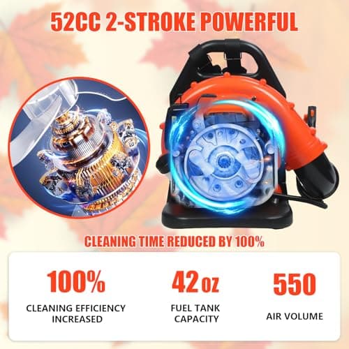 52CC Gas Backpack Leaf Blower, Snow Blower 550 CFM High Power 2-Stroke Engine Strong Wind Force for Yard Garden Snow & Dust Removal Adjustable Tube Ergonomic Harness (52cc Orange) 7