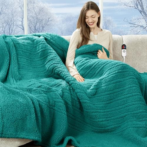 LUZARTA Electric Blanket Full Size 72"X84" Green - Soft Double Sided Sherpa Heated Blanket Full Size with LED Display, 6 Heating Levels & 10 hrs Timer, Machine Washable & Fast Heating for Women